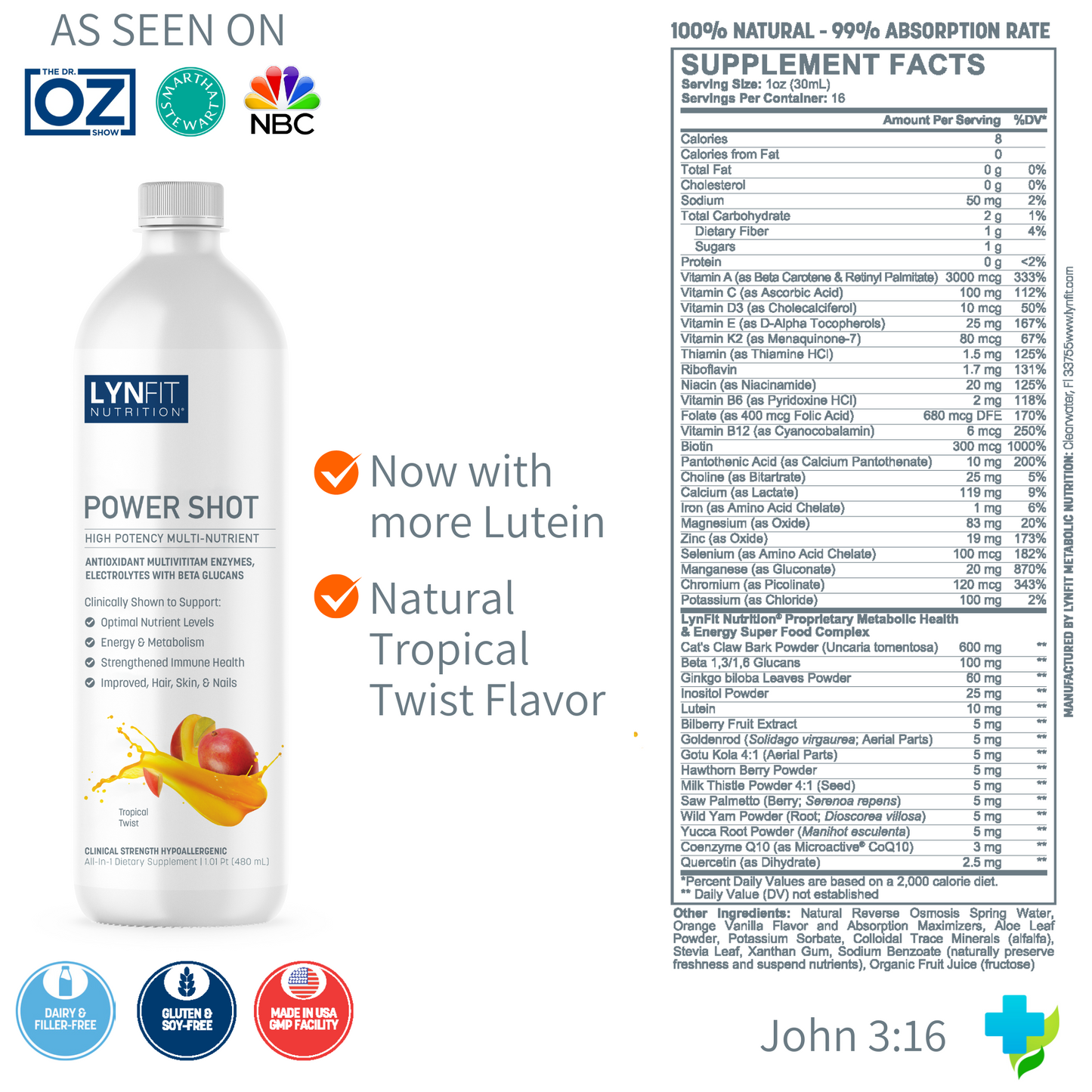 Daily Power Shot Energizing Liquid Multivitamin Mineral & Immune-Protecting Nutrient w/ Biotin, Keto & Diabetic-Friendly