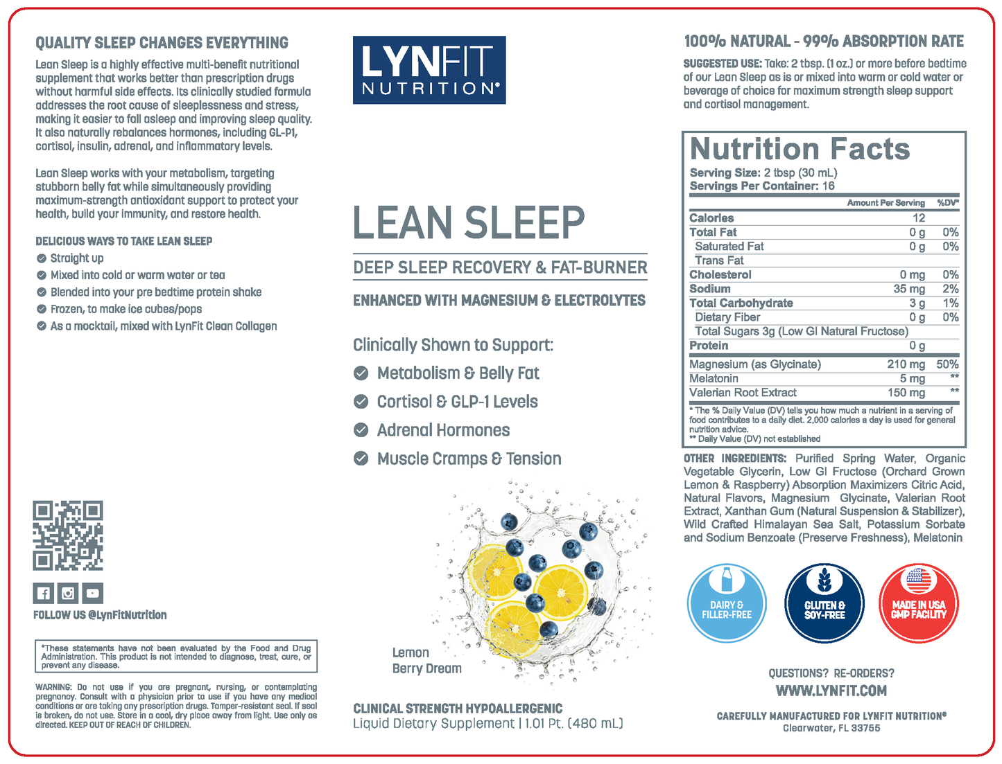 Lean Sleep Maximum Strength Liquid Melatonin w/Magnesium & Electrolytes for Relaxation, Cortisol, Belly Fat Control + Antioxidant Protection