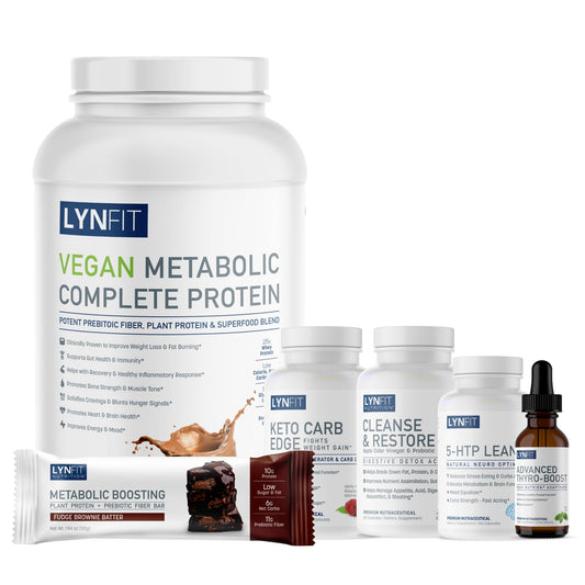 Plant-Based Vegan Metabolic Weight Loss & Fat-Burning | (1) Vegan Protein Powder (1) Keto Carb Edge (1) Thyro-Boost (1) Cleanse & Restore (30) Lean Bars (1) FREE 5-HTP Lean