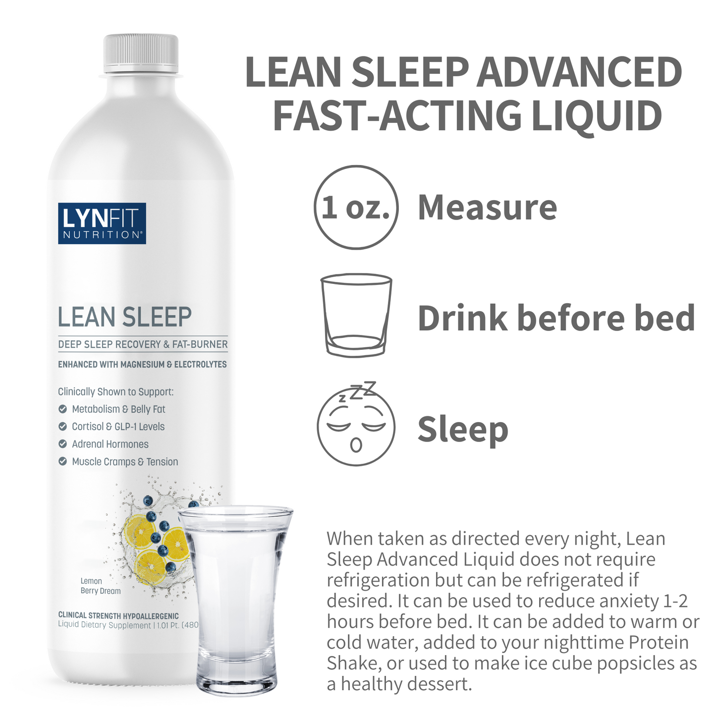 Lean Sleep Maximum Strength Liquid Melatonin w/Magnesium & Electrolytes for Relaxation, Cortisol, Belly Fat Control + Antioxidant Protection