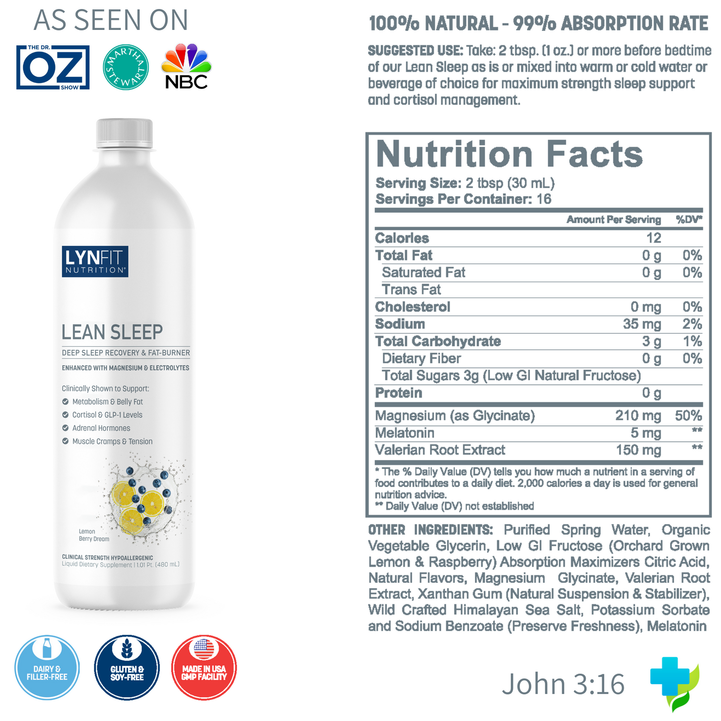 Lean Sleep Maximum Strength Liquid Melatonin w/Magnesium & Electrolytes for Relaxation, Cortisol, Belly Fat Control + Antioxidant Protection