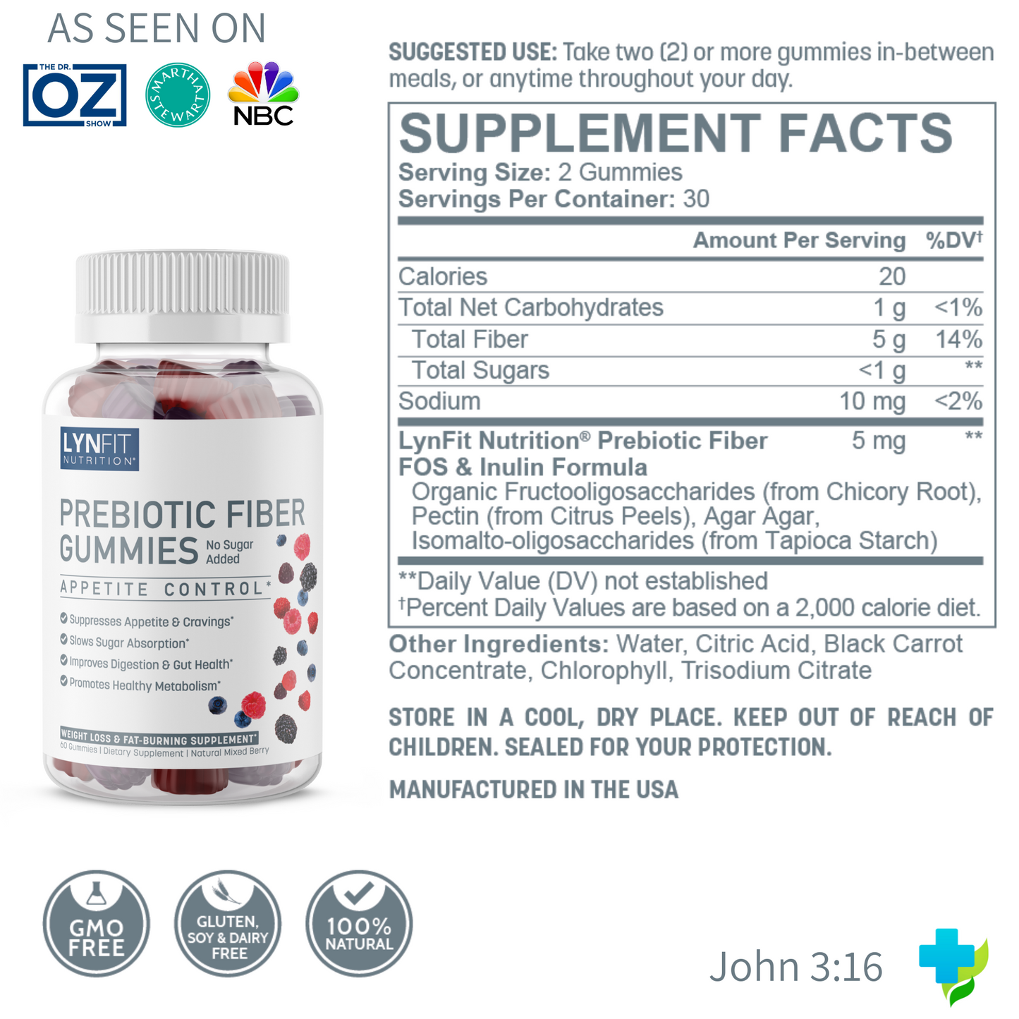 Prebiotic Sugar-Free Fiber Gummies for Appetite, Cravings, Bloat Control + Blood Sugar Balance