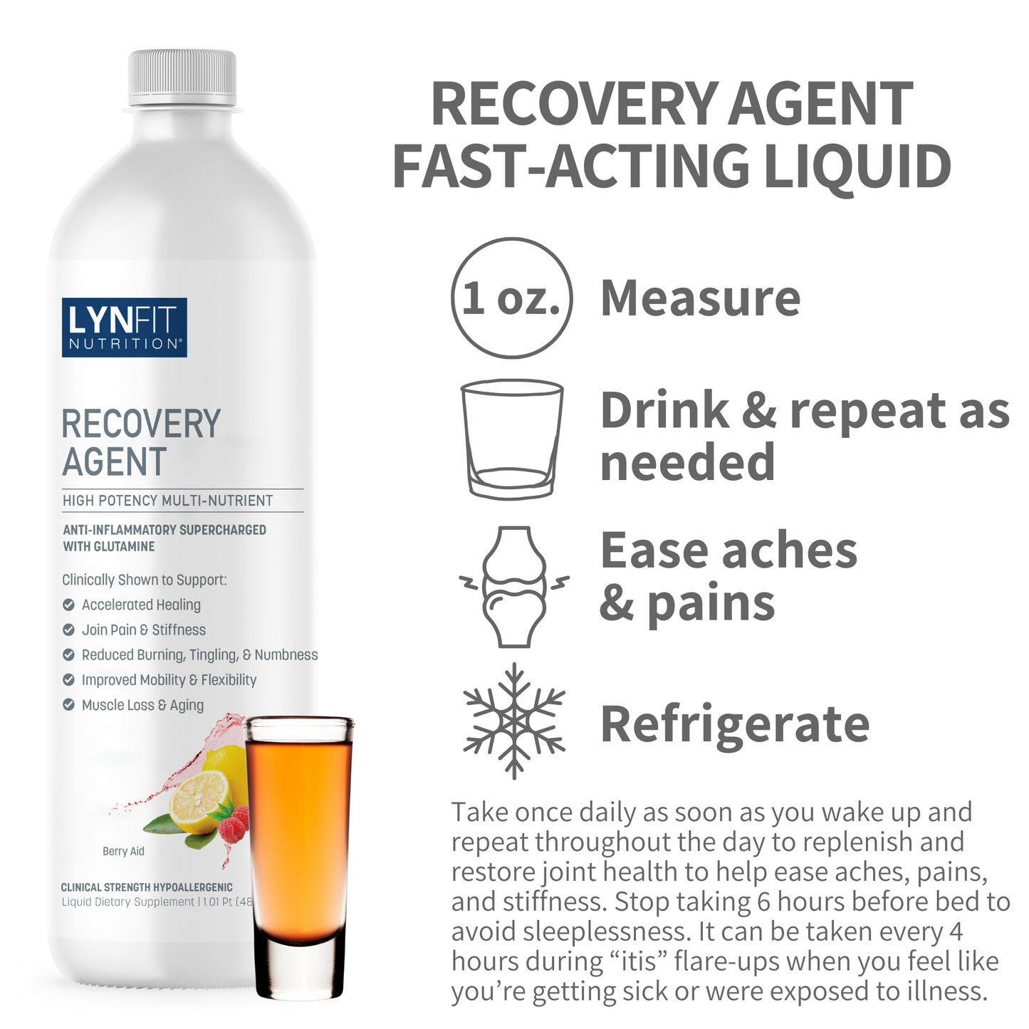 Recovery Agent Liquid Natural Fast Acting Anti-Inflammatory w/Maximum Strength Glutamine for Pain Relief, Joint & Liver Protection, Prevents Muscle Loss