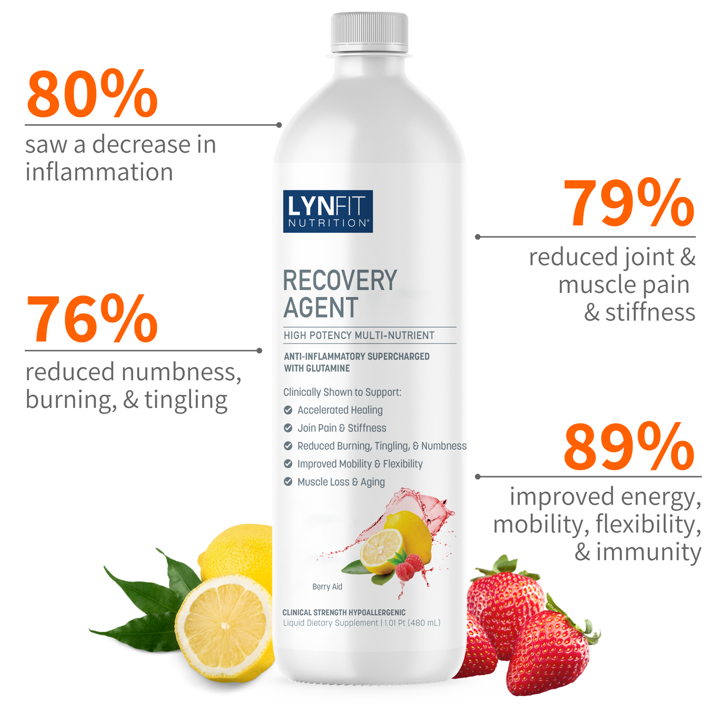 Recovery Agent Liquid Natural Fast Acting Anti-Inflammatory w/Maximum Strength Glutamine for Pain Relief, Joint & Liver Protection, Prevents Muscle Loss