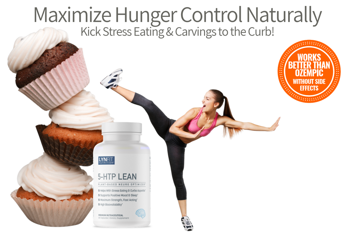 A promotional graphic for Lynne K. S-HTP Lean supplement, featuring a woman in athletic wear performing a high kick next to a stack of cupcakes and a white bottle of the product.