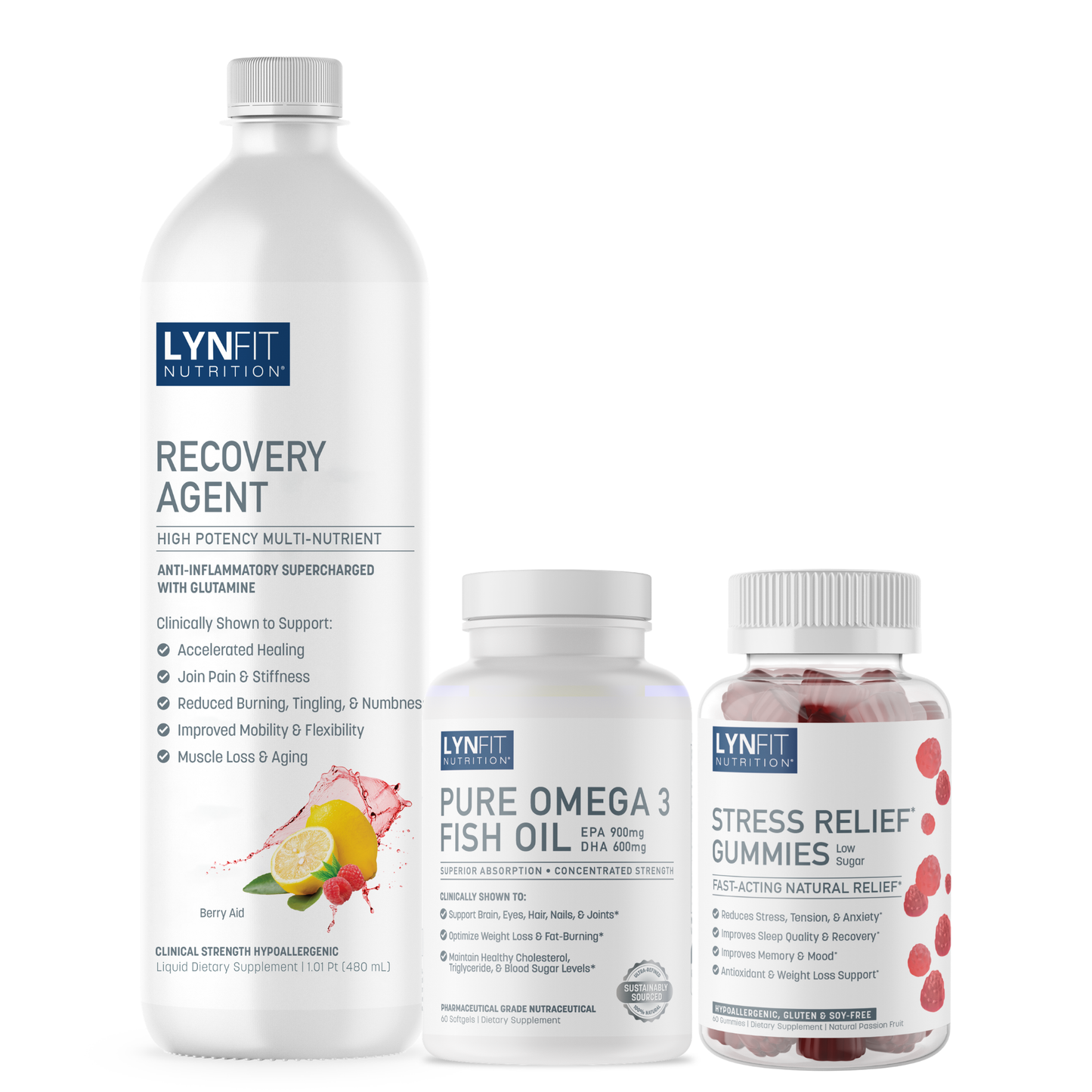 Buy (1) Recovery Agent Liquid + Pure Omega 3 Stack & GET (1) FREE STRESS RELIEF GUMMIES | 3 pcs.