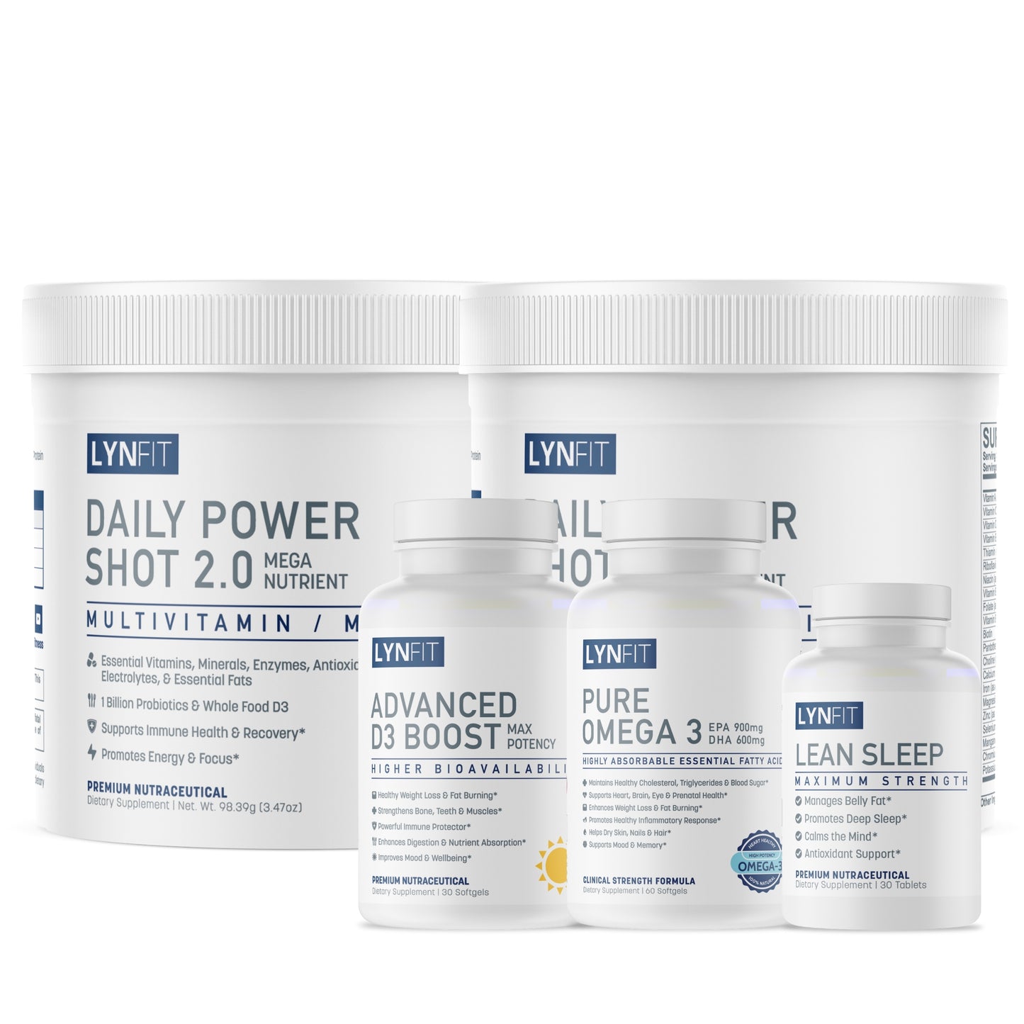Daily Health & Energy Vitamin Essentials Stack | (2) Daily Power Shot Liquid or Powder (1) Vitamin D3 Boost (1) Pure Omega 3 (1) FREE Lean Sleep