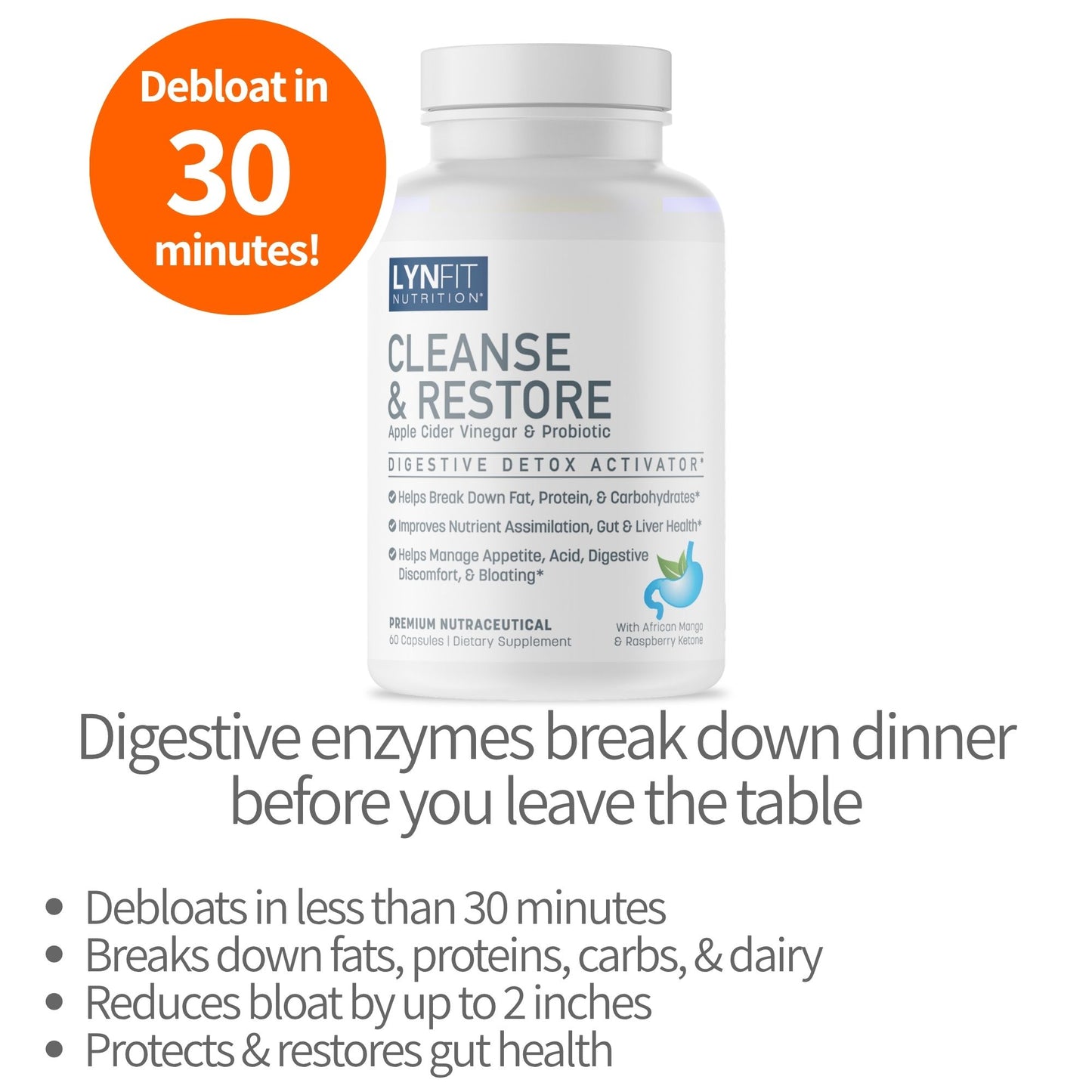 A bottle of Lynfit Nutrition Cleanse & Restore dietary supplement on a white background with marketing text and an orange badge stating 'Debloat in 30 minutes!'.