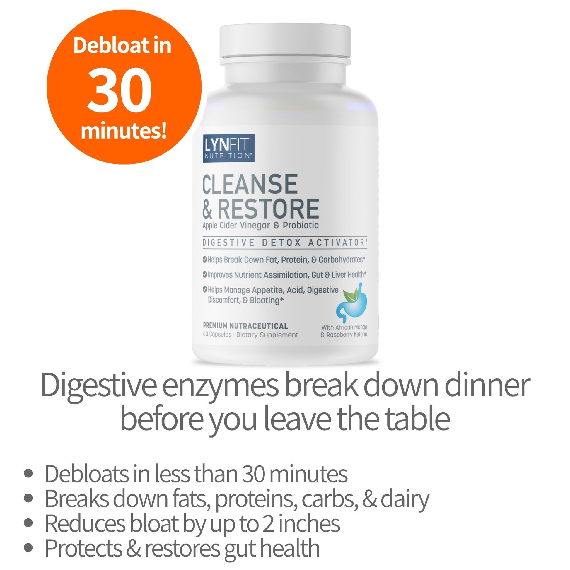 A bottle of Lynfit Nutrition Cleanse & Restore dietary supplement on a white background with marketing text and an orange badge stating 'Debloat in 30 minutes!'.