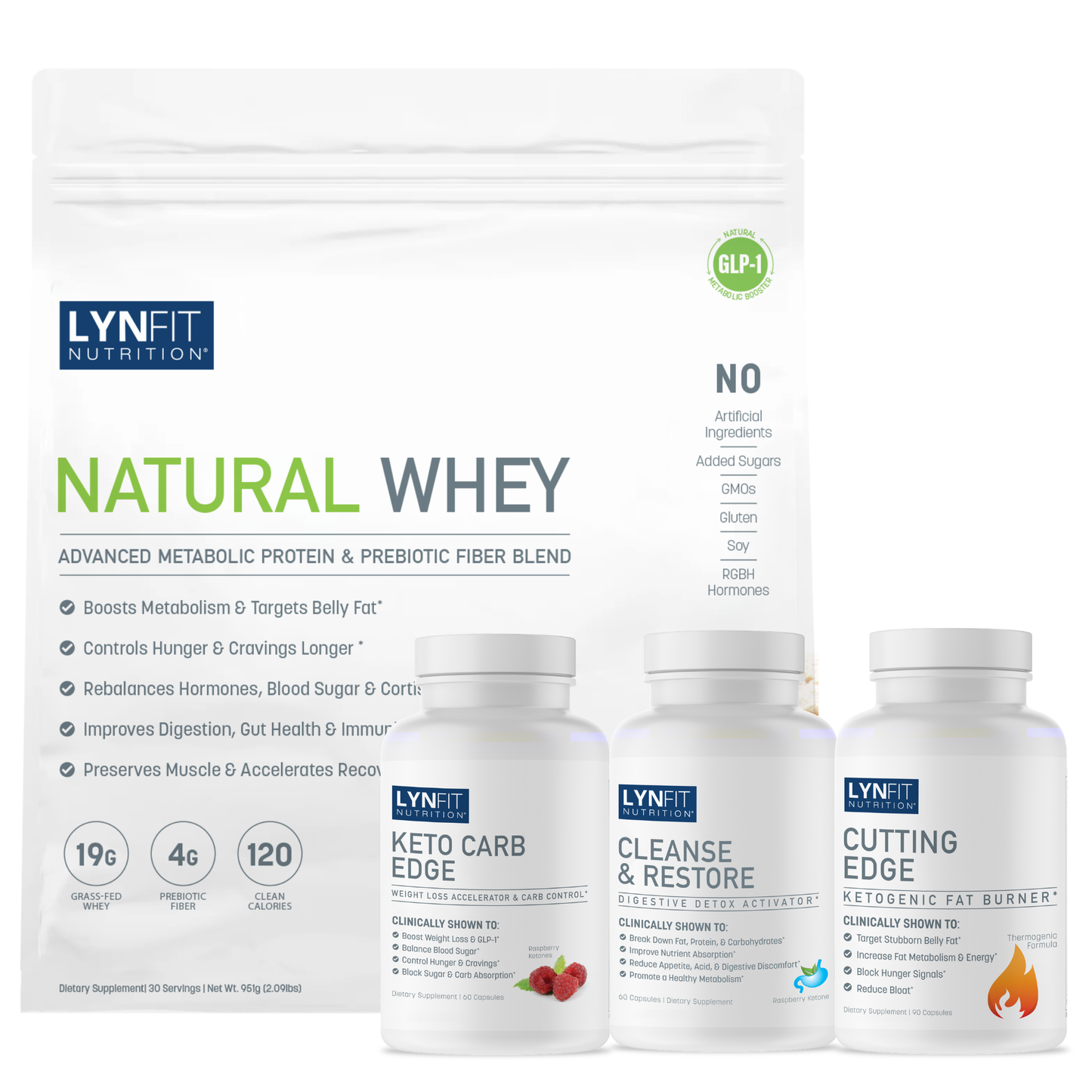 Flat Belly Cleanse & Sugar Detox w/Advanced Fat-Burning: (1) Natural Whey Protein Shake (1) Keto Carb Edge (1) Cleanse & Restore (1) Cutting Edge| 4 pcs.