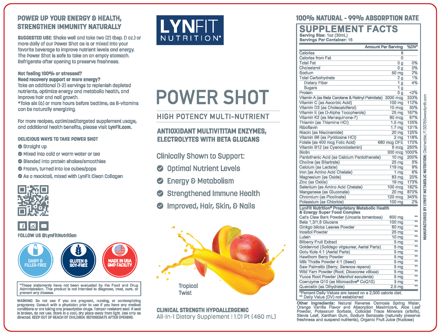 Daily Power Shot Energizing Liquid Multivitamin Mineral & Immune-Protecting Nutrient w/ Biotin, Keto & Diabetic-Friendly
