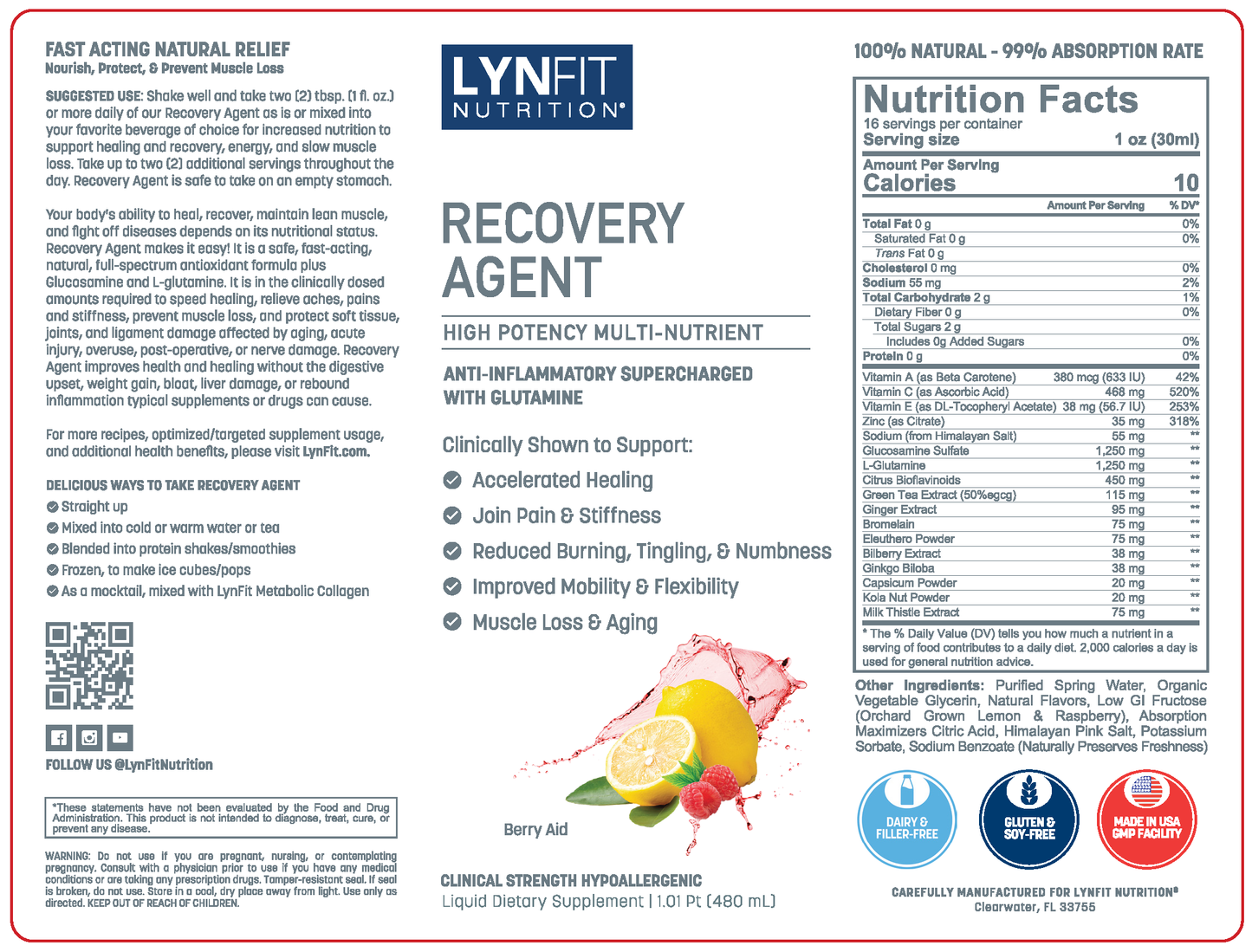 Recovery Agent Liquid Natural Fast Acting Anti-Inflammatory w/Maximum Strength Glutamine for Pain Relief, Joint & Liver Protection, Prevents Muscle Loss