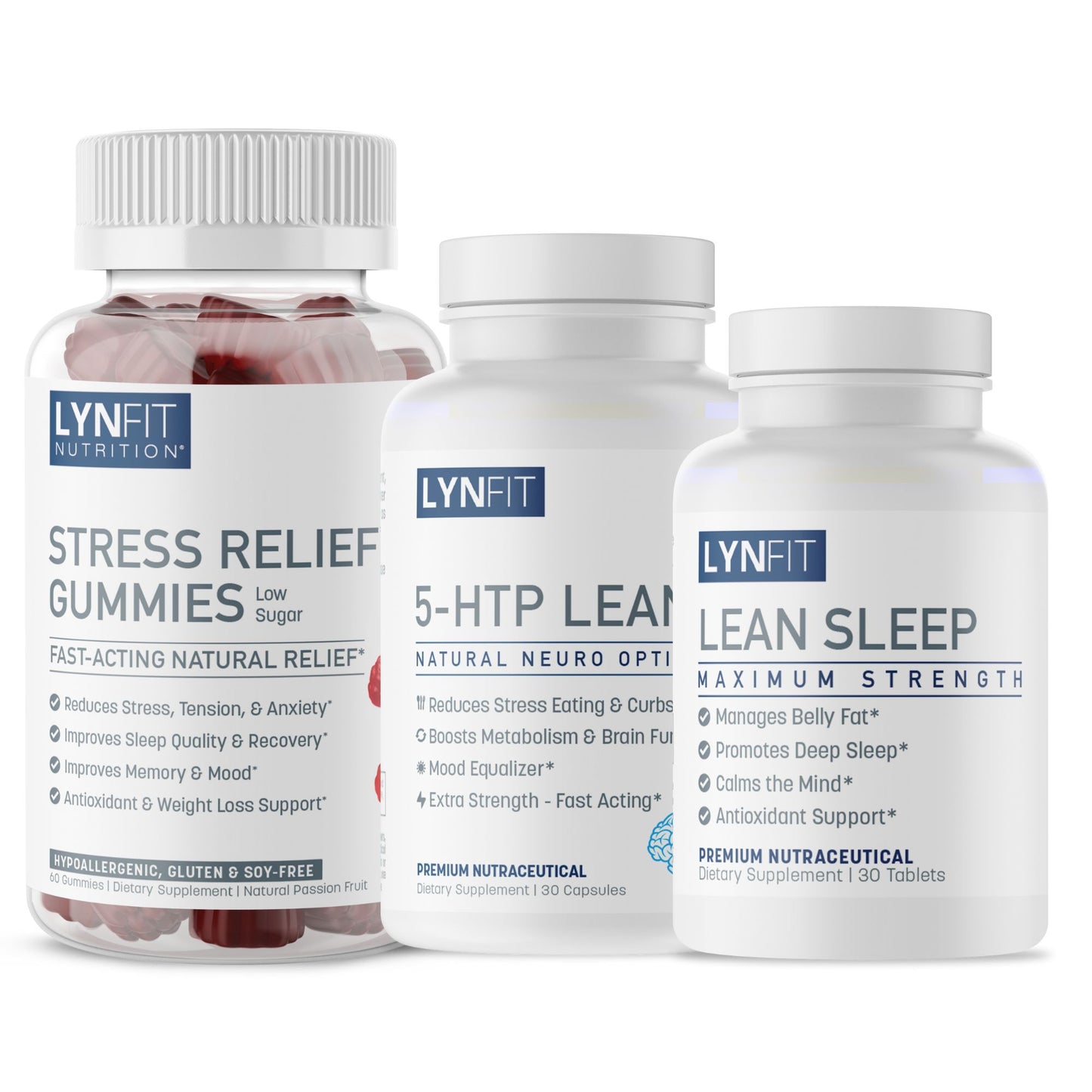 Maximum Strength Hunger & Cravings, Sleep, PM Fat-Burning Stack | (1) Stress Relief Gummies (1) Lean Sleep (1) FREE 5-HTP Lean (3pcs.)