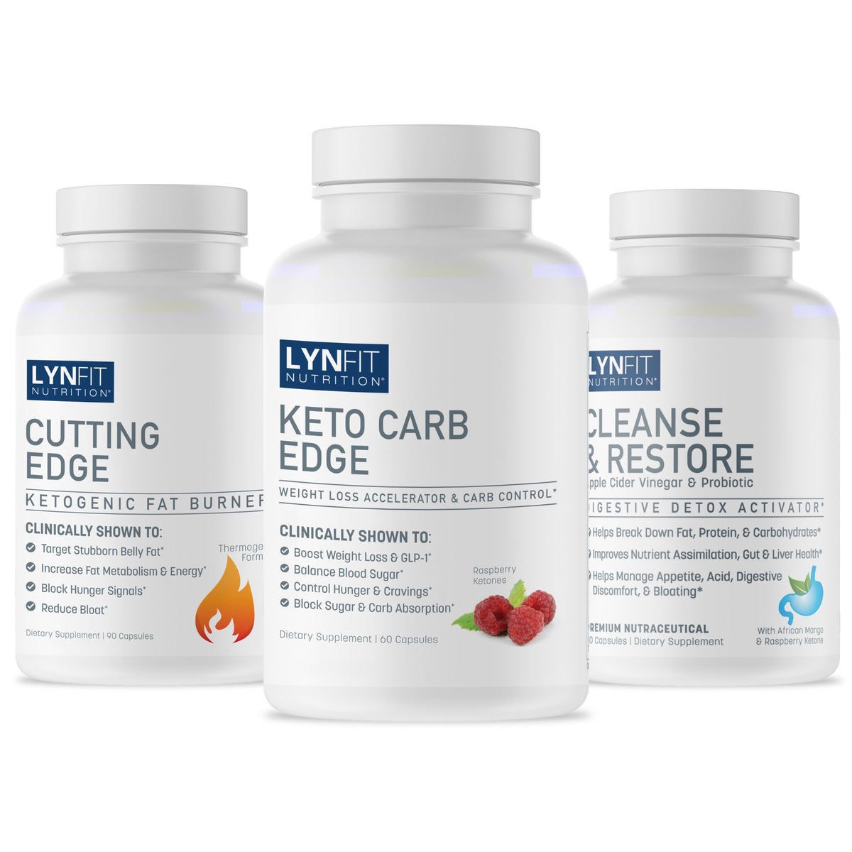 Three white supplement bottles from Lynfit Nutrition arranged together on a black background. The bottles are labeled Cutting Edge, Keto Carb Edge, and Cleanse & Restore.