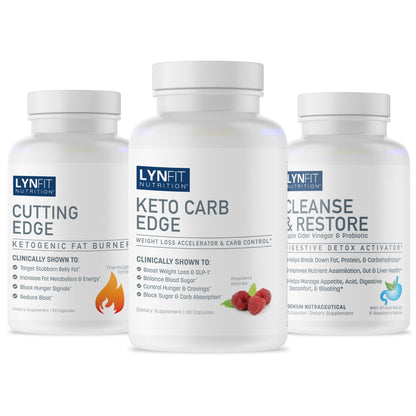 Three white supplement bottles from Lynfit Nutrition arranged together on a black background. The bottles are labeled Cutting Edge, Keto Carb Edge, and Cleanse & Restore.
