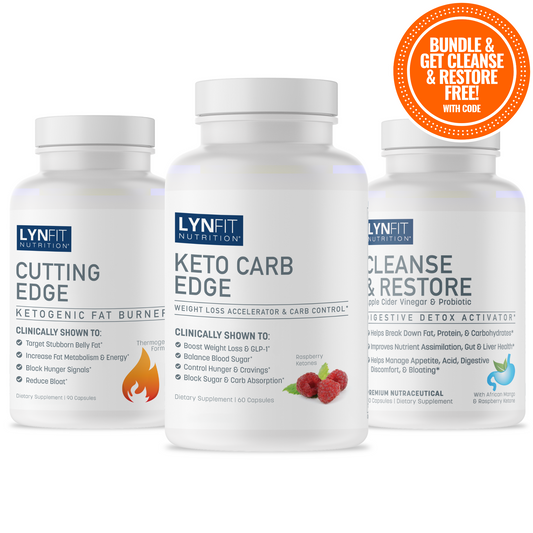 Three white supplement bottles from Lynfit Nutrition on a black background, with a bright orange circular badge in the top right reading 'Bundle & Get Cleanse & Restore Free! With Code'. The center bottle is Keto Carb Edge, flanked by Cutting Edge and Cleanse & Restore bottles.