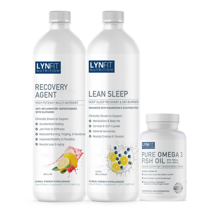 Pain Relief, Healing & Recovery Stack | (1) Recovery Agent Liquid (1) Lean Sleep Liquid (1) Pure Omega 3 | 3 pcs.