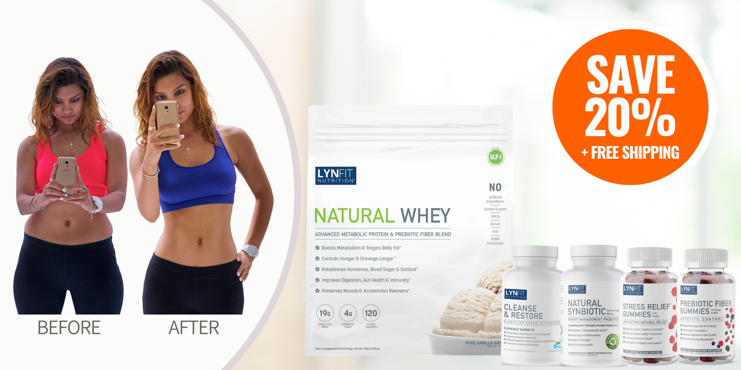 Summer Vacation Weight Gain & Bloat Prevention Stack: (1) Natural Whey Protein Powder (1) Cleanse & Restore (1) Natural Synbiotic (1) Prebiotic Fiber Gummies (1) Stress Relief Gummies | 5 pcs.