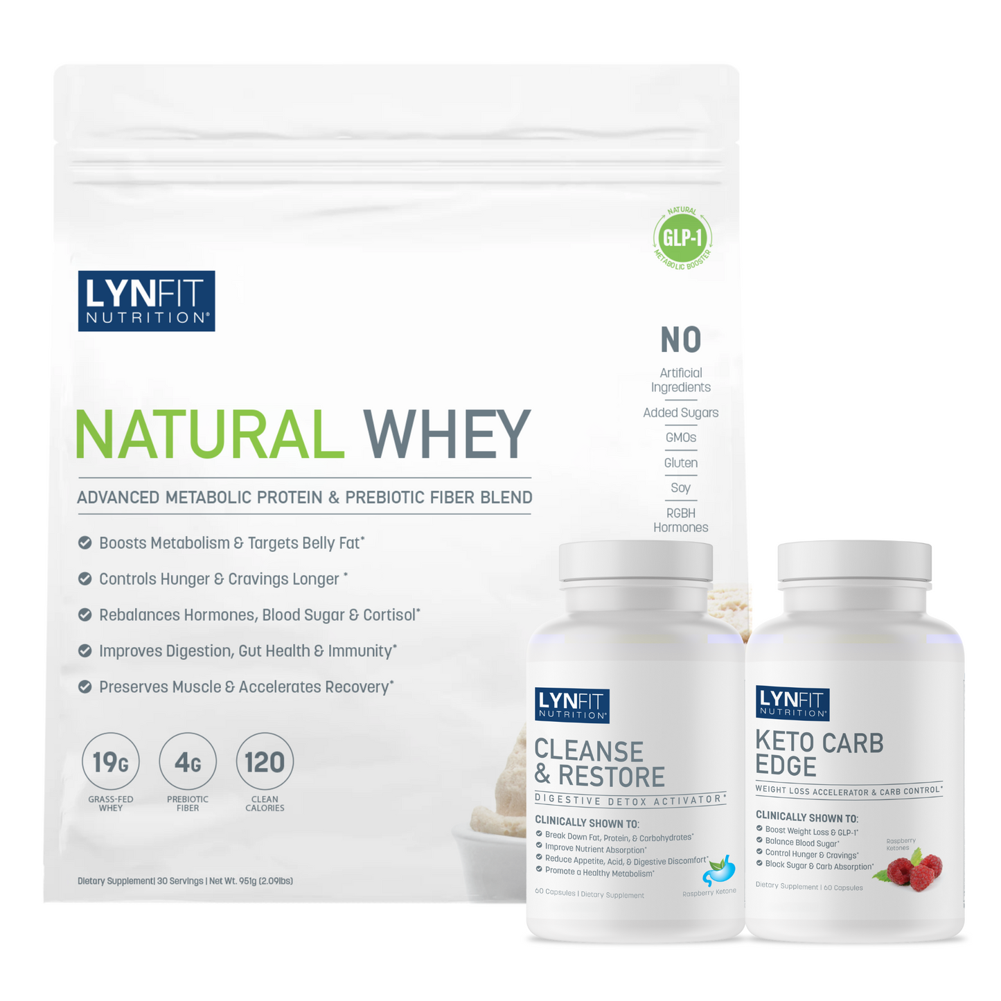 Natural GLP-1 Metabolic Booster & Glucose Control Nutrition Support Stack: (1) Natural Whey Protein Powder (1) Cleanse & Restore (1) Keto Carb Edge | 3 pcs.