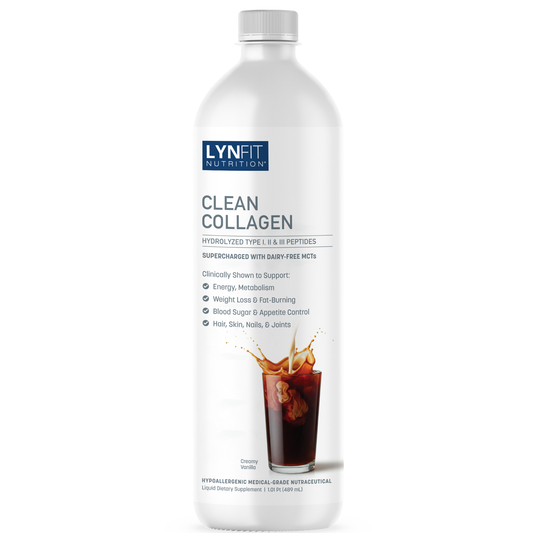 A white bottle of Lynfitt Nutrition Clean Collagen liquid dietary supplement with a gray cap, shown on a plain white background.