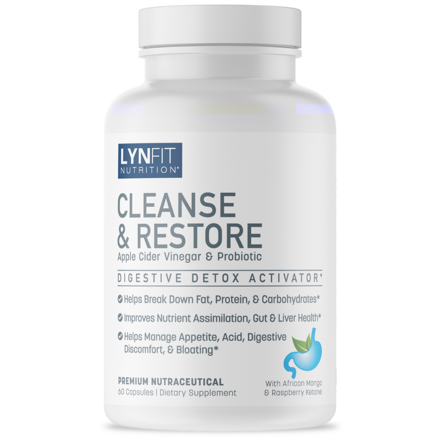 A white bottle of LynFit Nutrition 'Cleanse & Restore' dietary supplement, featuring a white cap and a white label with blue and gray text and graphics.