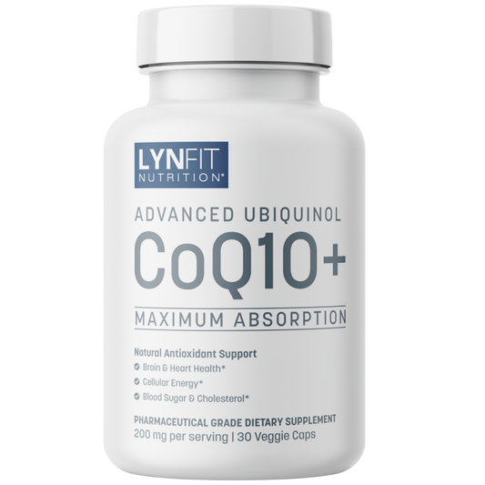 A white bottle of Lynfit Nutrition Advanced Ubiquinol CoQ10+ dietary supplement, featuring a clean white background and clear text on the label.