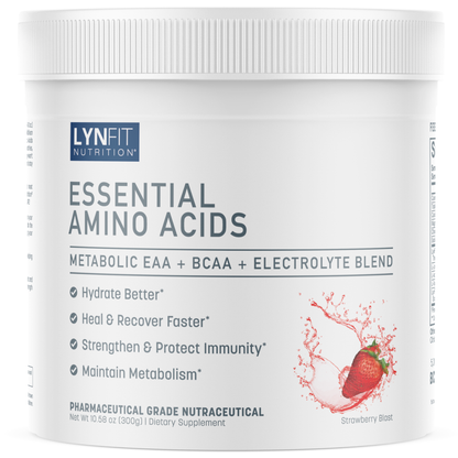 A white plastic tub of LynFit Nutrition Essential Amino Acids dietary supplement, featuring a white lid and a white label with blue and gray text, a strawberry splash graphic, and a Strawberry Blast flavor indicator.
