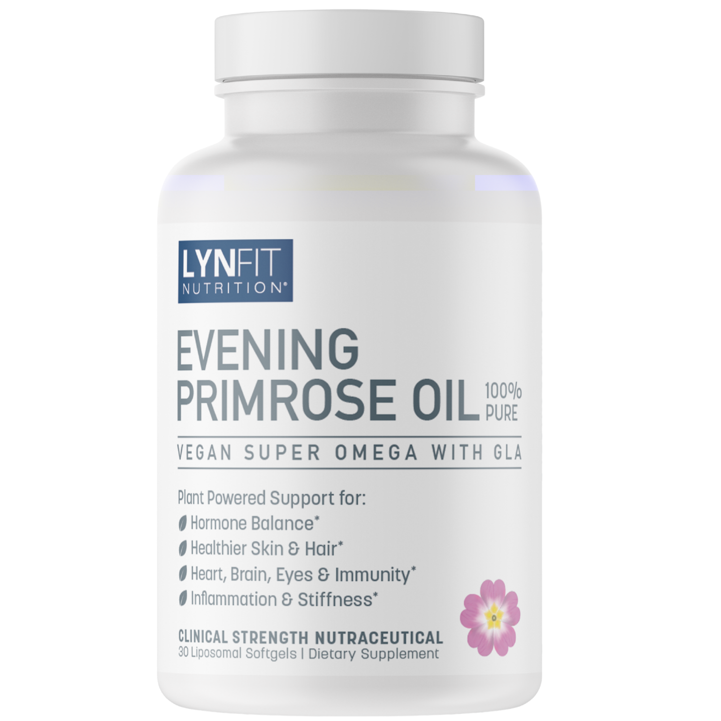 A white bottle of Lynfit Nutrition Evening Primrose Oil dietary supplement, featuring a white cap and a white label with blue and gray text and a small pink flower graphic.