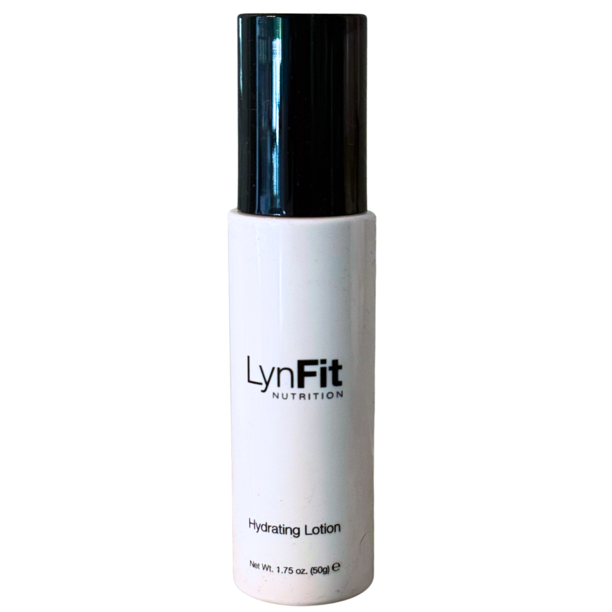 A white cylindrical bottle of LynFit Nutrition Hydrating Lotion with a glossy black cap, shown against a plain white background.