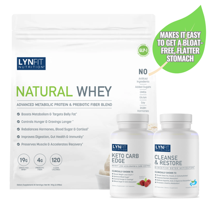 Lynfit Nutrition Natural Whey protein powder bag shown with two supplement bottles in front on a white background, plus a green promotional badge.