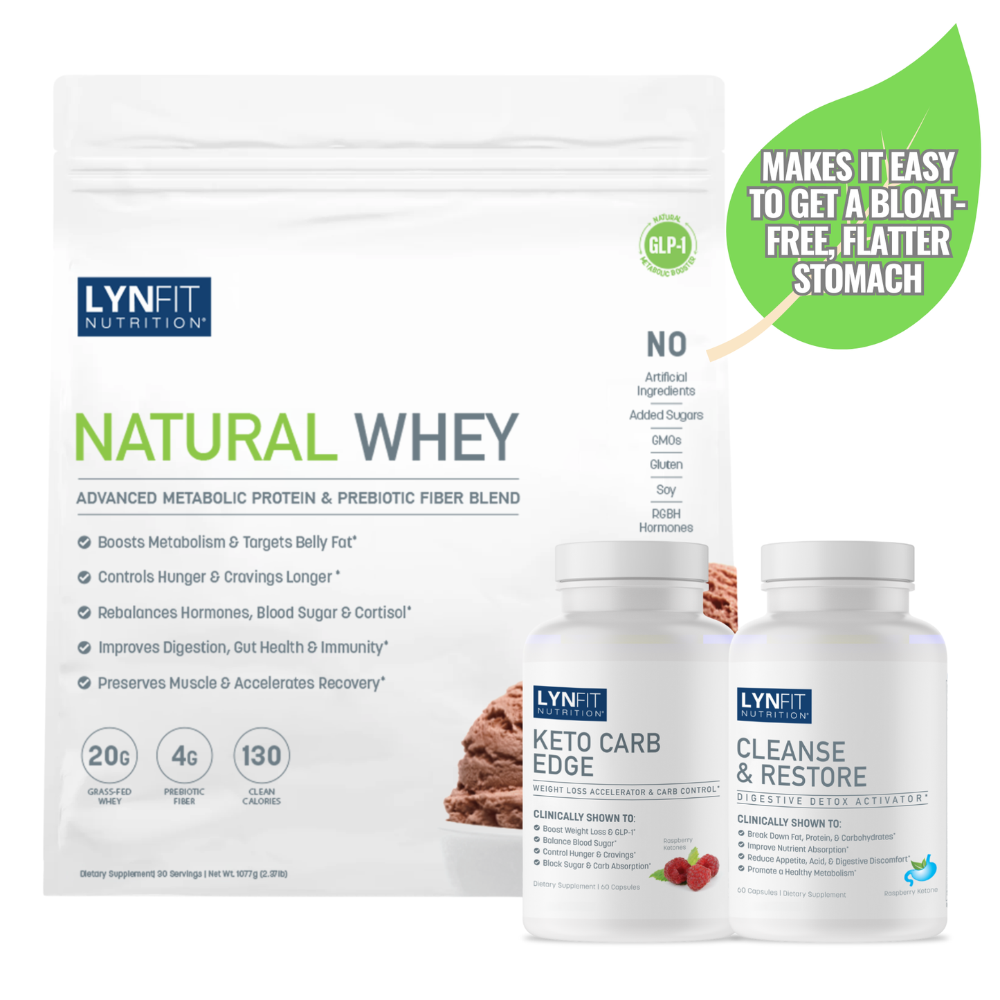 LynFit Nutrition Natural Whey protein powder pouch shown with two supplement bottles in front on a white background, plus a green promotional badge.