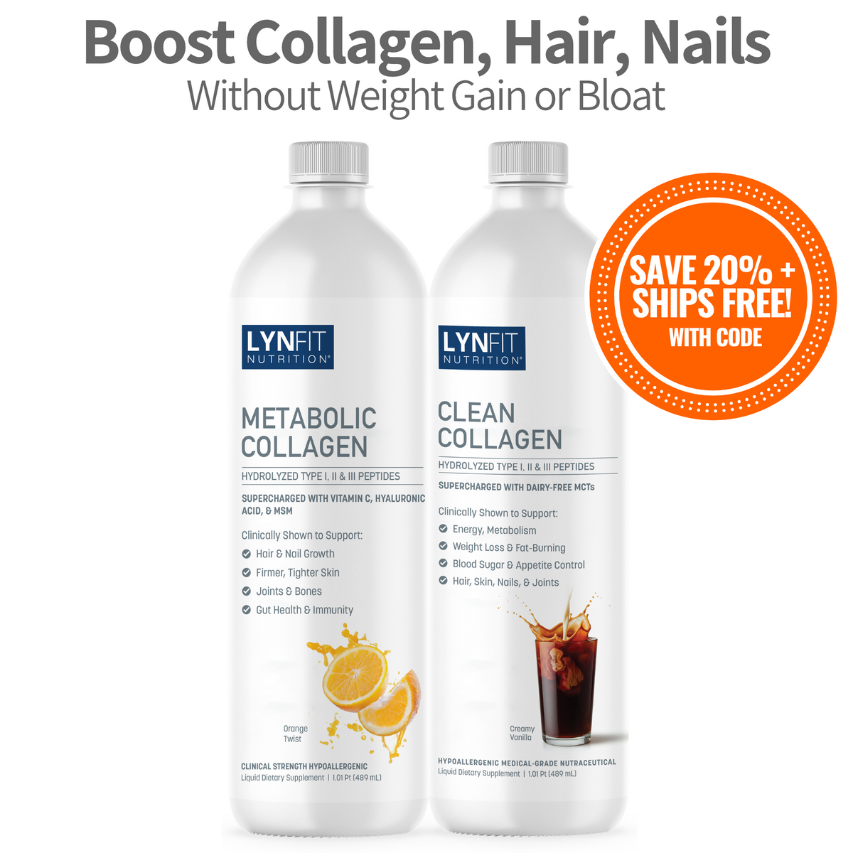 Two white Lynfit Nutrition collagen supplement bottles on a white background, with large promotional text at the top and a red-orange circular offer badge on the right.