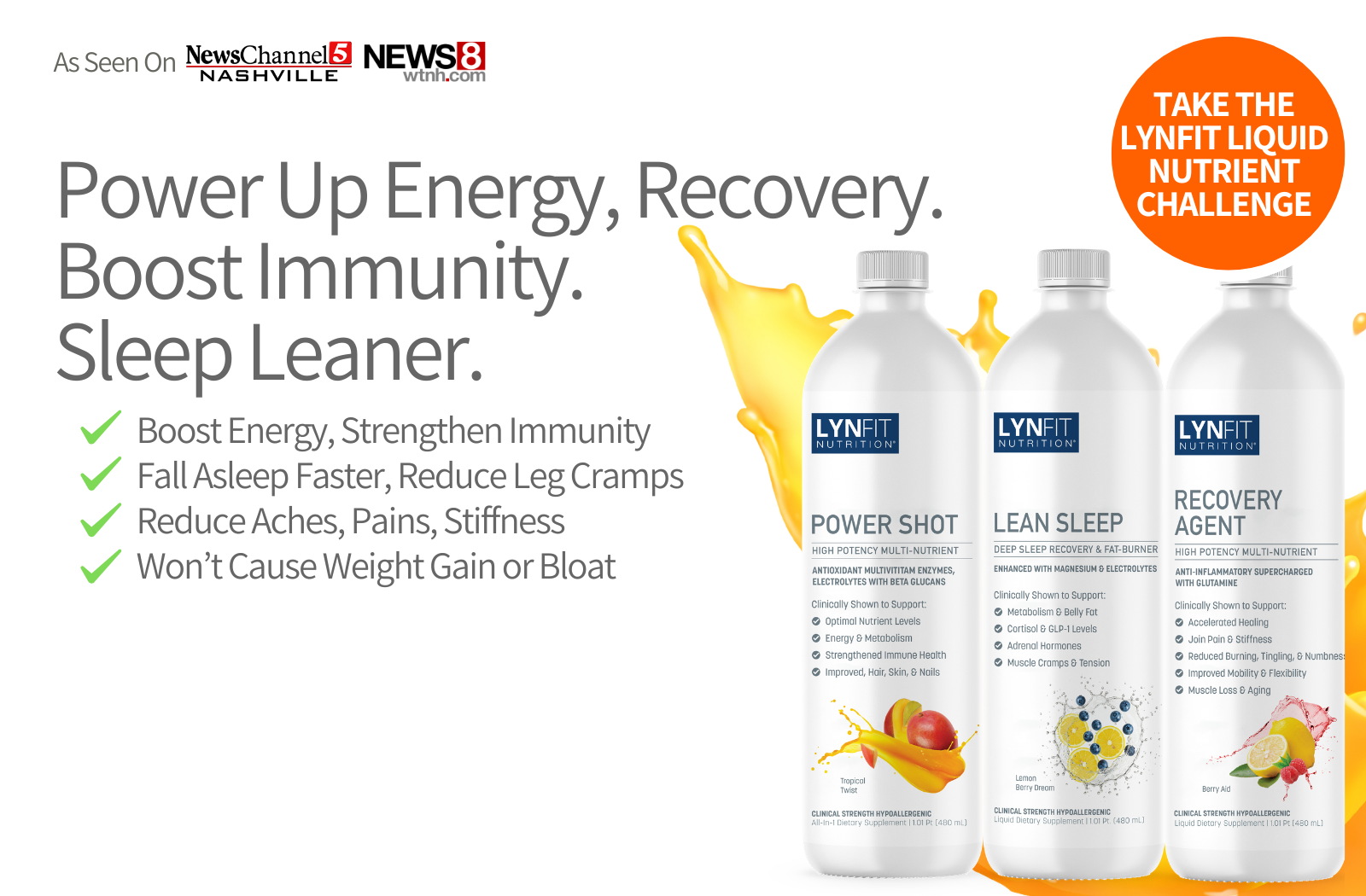 Three white bottles of Lynfit liquid nutrients labeled Power Shot, Lean Sleep, and Recovery Agent, displayed on a white background with promotional text and an orange badge.