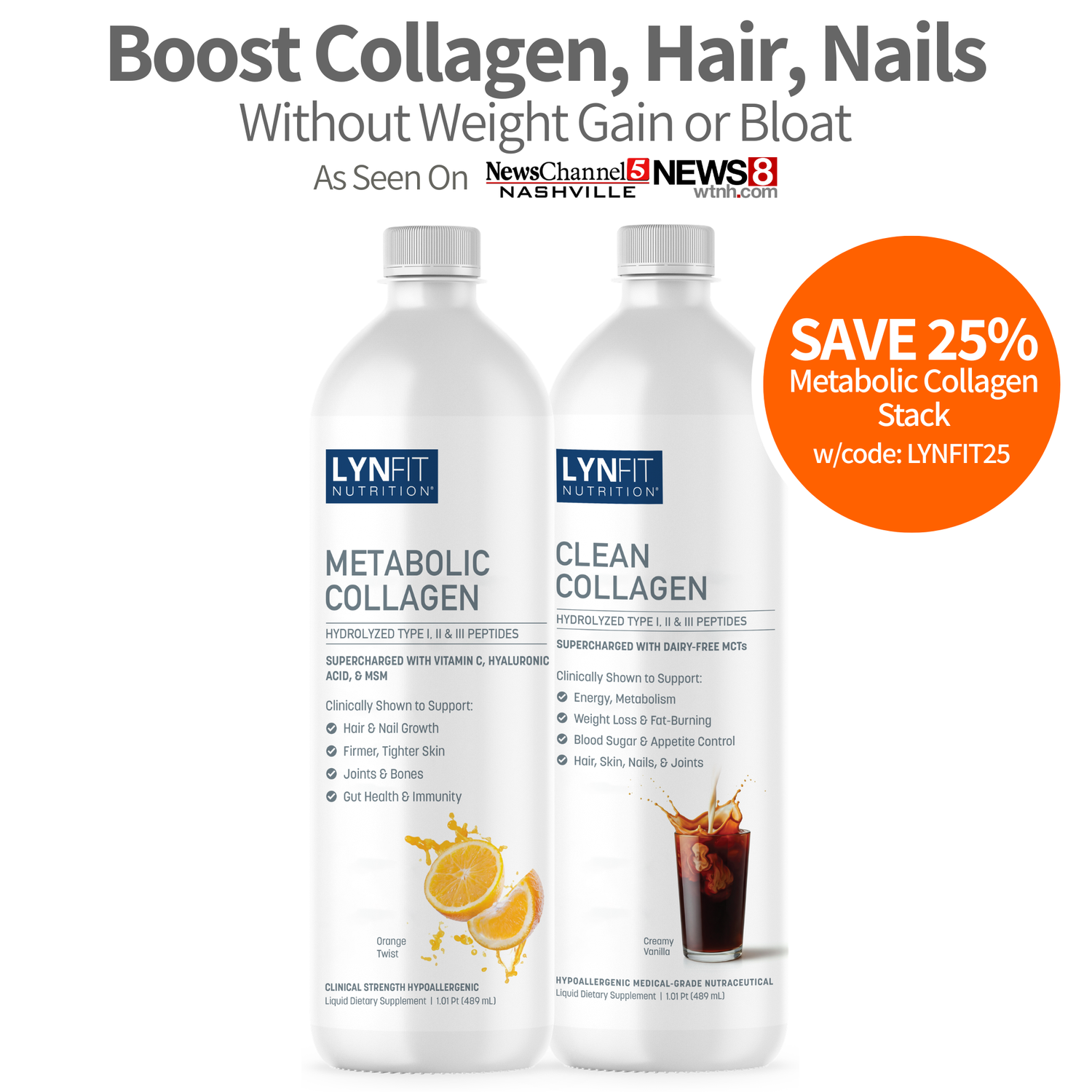 Two white bottles of LynFit Nutrition collagen supplements on a white background, with promotional text above and an orange discount badge on the right.