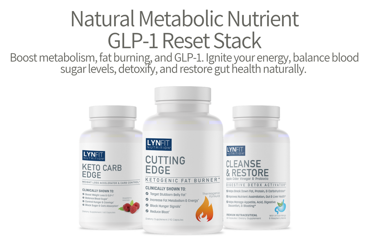 Three white supplement bottles from Lynfit Nutrition arranged against a light gray background with promotional text above. The bottles are labeled Keto Carb Edge, Cutting Edge, and Cleanse & Restore, under the heading 'Natural Metabolic Nutrient GLP-1 Reset Stack'.