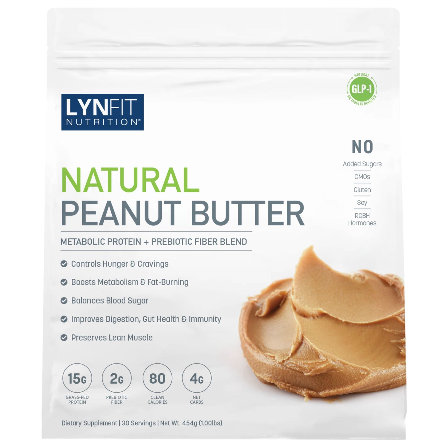 A stand-up pouch of LynFit Nutrition Natural Peanut Butter dietary supplement, featuring a white background, green and gray text, and a photo of natural peanut butter on the front.