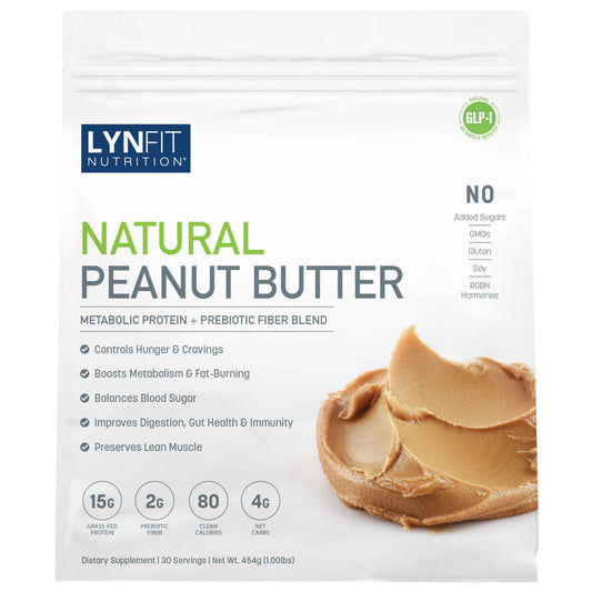 A stand-up pouch of LynFit Nutrition Natural Peanut Butter dietary supplement, featuring a white background, green and gray text, and a photo of natural peanut butter on the front.