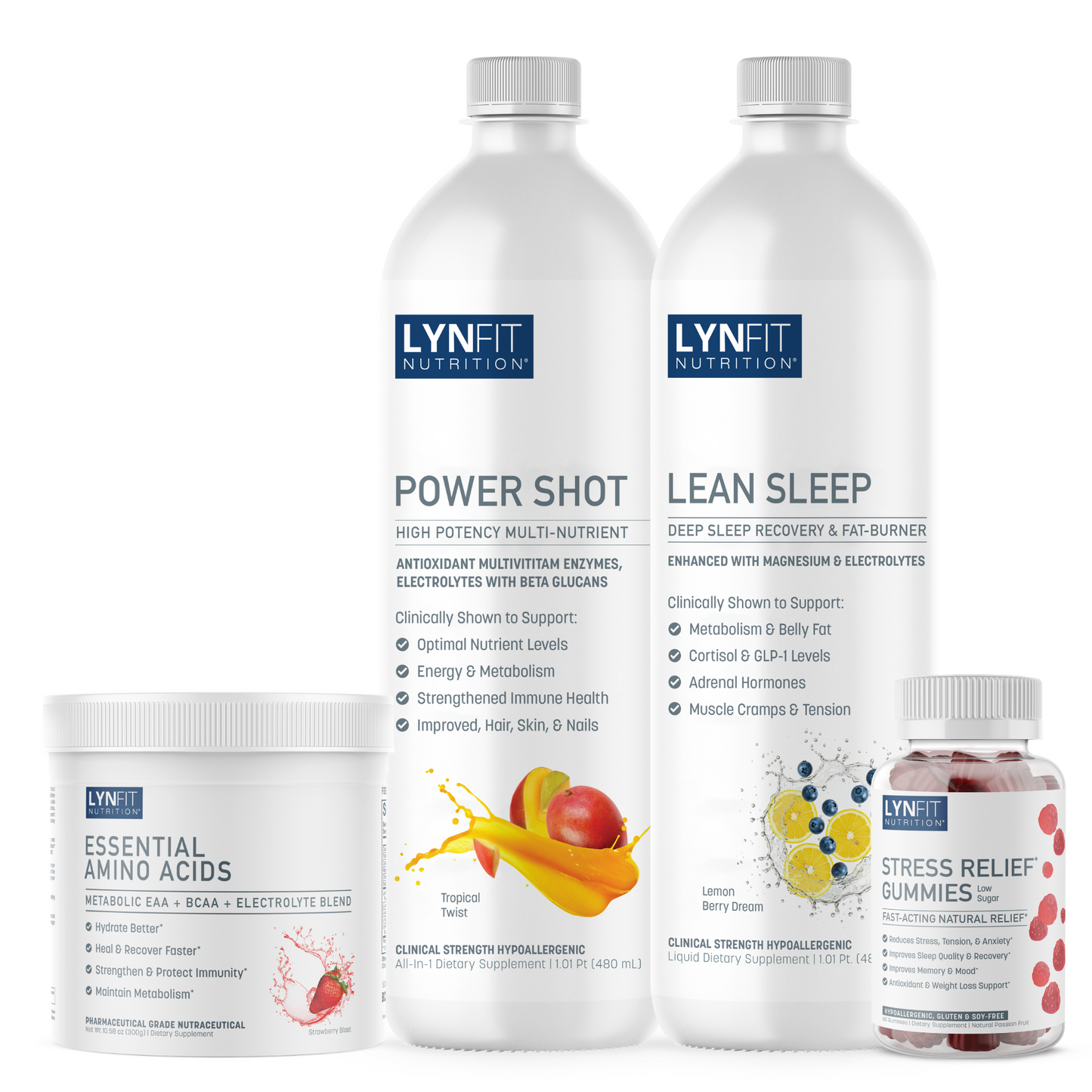 Power Up Energy, Immunity & Collagen Stack: (1) Daily Power Shot Liquid (1) Lean Sleep Liquid (1) Essential Amino Acids (1) FREE Stress Relief Gummies