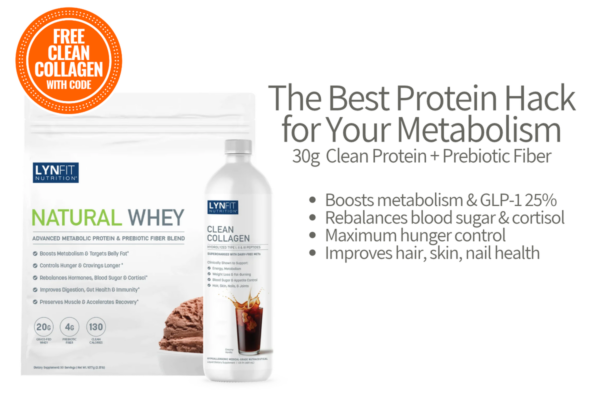 A promotional product graphic for Lynft Nutrition showing a bag of Natural Whey and a bottle of Clean Collagen on a white background, with marketing text and a red 'Free Cleanse & Restore with Code' badge.
