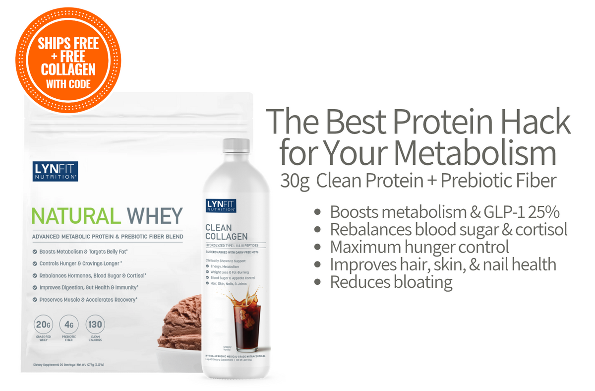 Lynett Natural Whey protein powder bag and a bottle of Clean Collagen on a white background with promotional text and an orange shipping bonus badge.