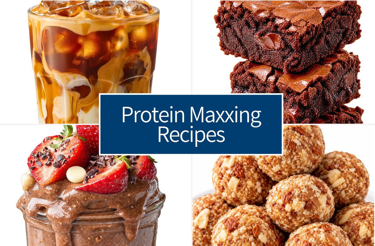 A collage of four food items with a central blue text box reading 'Protein Maxxing Recipes': an iced coffee drink, chocolate brownies, a chocolate dessert in a cup topped with strawberries, and protein balls.