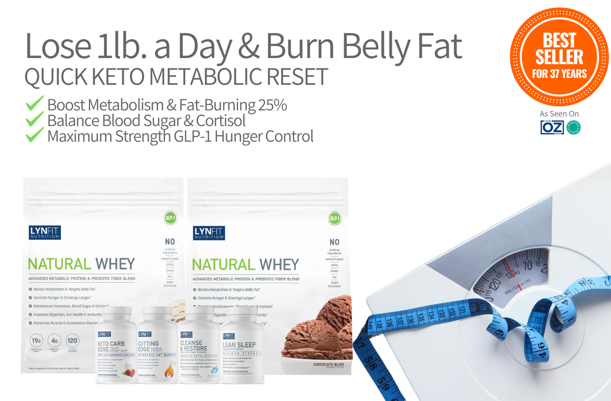 Promotional graphic for LynTet 'Natural Whey' featuring three white product bags, a scale with a blue measuring tape, and a 'Best Seller for 37 Years' badge. Text highlights weight loss and metabolic benefits.