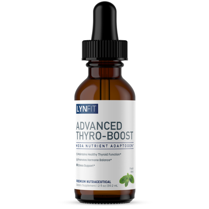 A 12 fl oz amber glass dropper bottle of LYNFIT Advanced Thyro-Boost dietary supplement, featuring a white label with blue and black text and a black dropper cap, set against a plain white background.