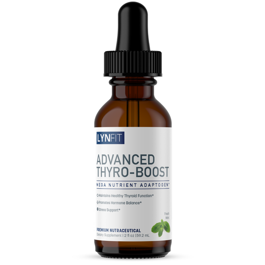 A 12 fl oz amber glass dropper bottle of LYNFIT Advanced Thyro-Boost dietary supplement, featuring a white label with blue and black text and a black dropper cap, set against a plain white background.