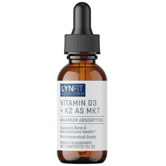 A 1 fl oz amber glass dropper bottle of LynFit Nutrition Vitamin D3 + K2 AS MK7 dietary supplement, featuring a white label and black dropper cap on a white background.