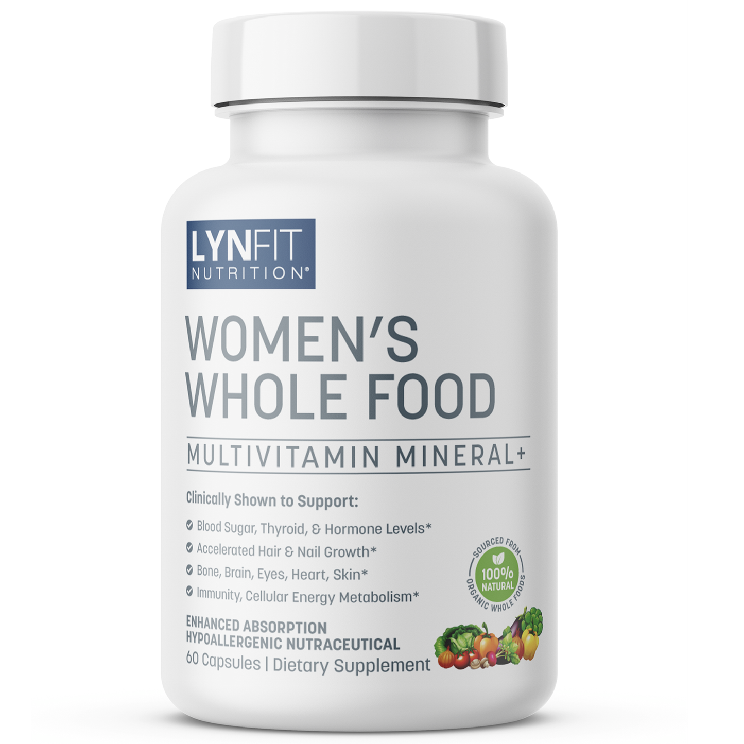 A white bottle of Lynfit Nutrition Women's Whole Food Multivitamin Mineral+ dietary supplement, featuring a clean white background and clear text.