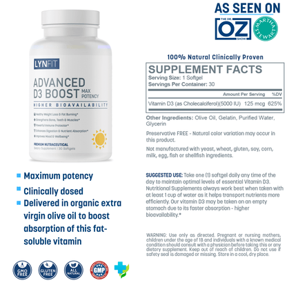 Clinical Strength Vitamin D3 Boost (5,000 IU) in Extra Virgin Olive Oil | 30 Organic Soft Gels