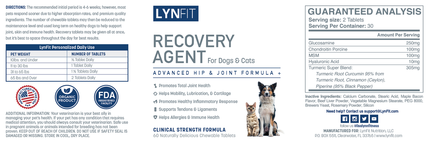 Recovery Agent for Dogs & Cats Advanced Hip & Joint Formula + MSM | 60 Chewable Tablets
